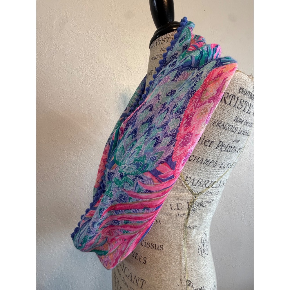 Lilly Pulitzer Tropical Pineapple Palm Print Infinity Scarf with Pom Pom Trim - Picture 2 of 6